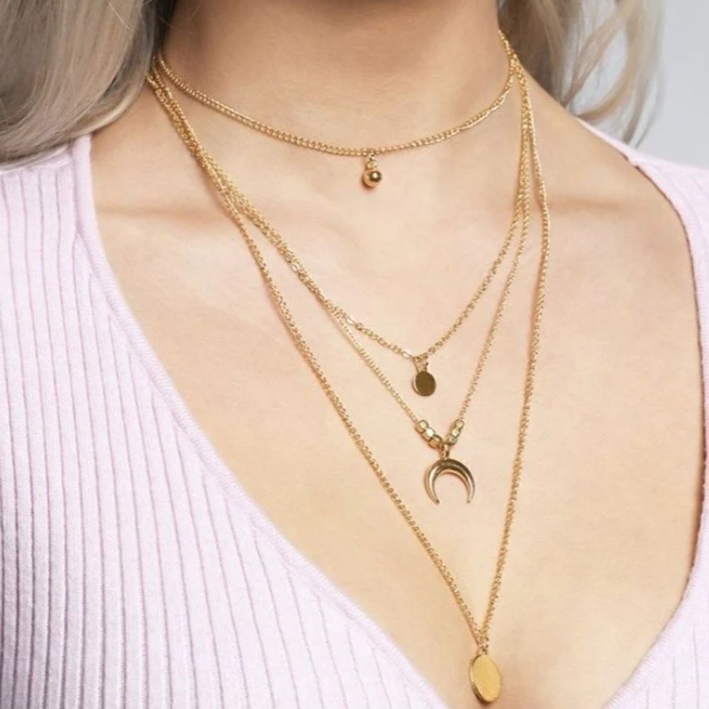 BOHO Crescent Horn Moon Charm Multi Layered Pendant Gold Necklace Choker - Picture 1 of 4